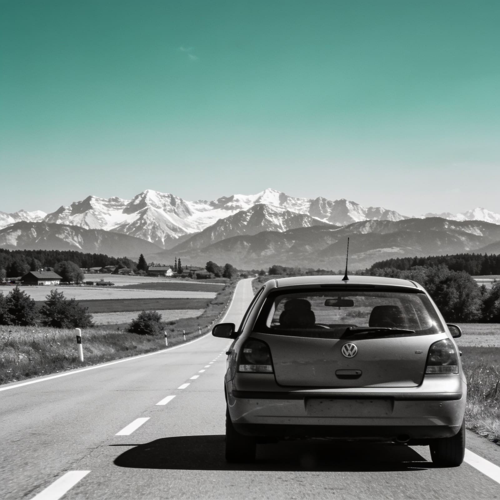 Pkw auf einer europäischen Landstraße in Richtung Alpen